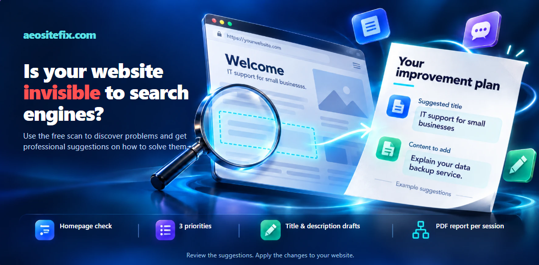 AEO SiteFix: free homepage check with three priorities, title and description drafts, and a PDF report