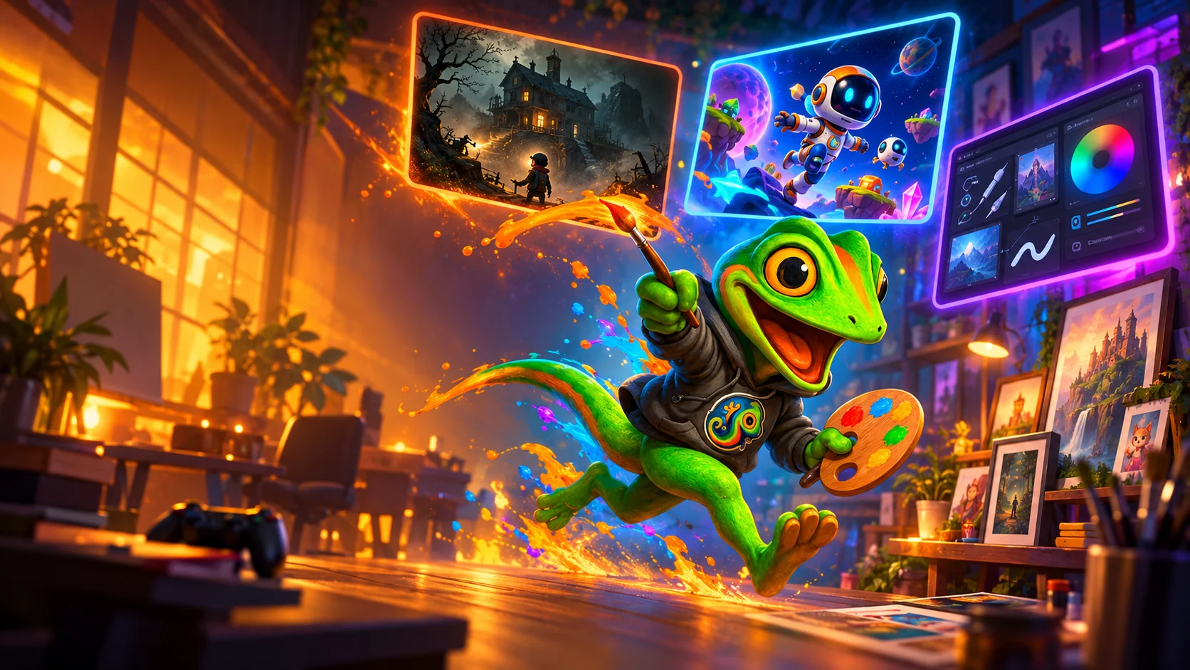 The Gecko Art Studio mascot bringing games, creative tools and colourful artwork together in a sunlit studio